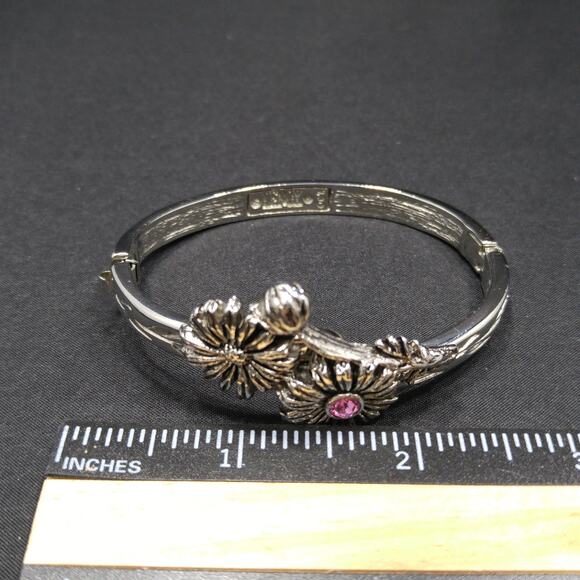 Vintage Lenox Floral Pink Rhinestone Hinged Bracelet, October Flower - Picture 6 of 10